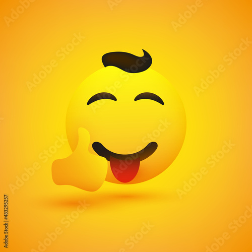 Smiling Happy Cheering Young Male Emoji with Hair and Stuck Out Tongue Showing Thumbs Up - Simple Happy Emoticon on Yellow Background - Vector Design