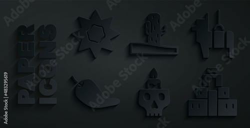 Set Burning candle on a skull, Pinata, Hot chili pepper pod, Chichen Itza Mayan, Cactus and Sun icon. Vector