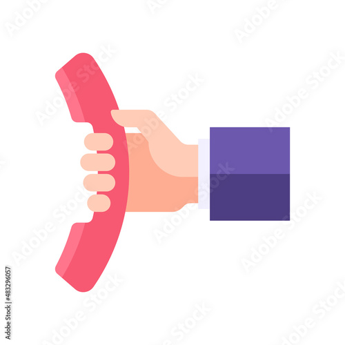 Business male hand in suit holding retro handset for voice connect communication vector flat