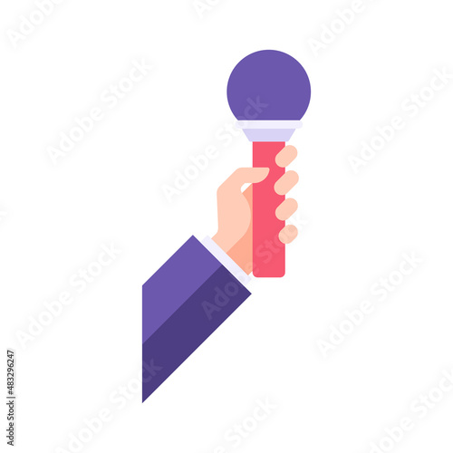 Male business hand suit holding microphone for public political agitation voice loud vector flat