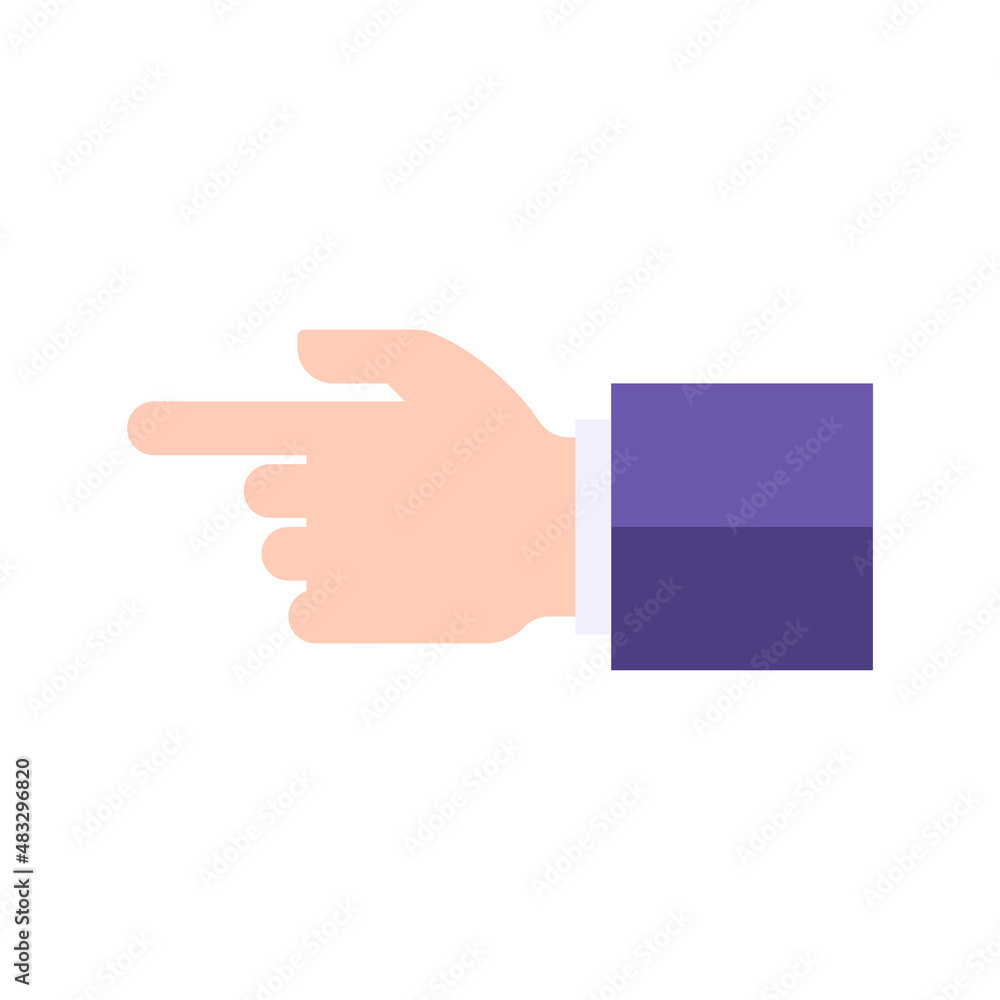 Boss human hand in suit pointing left direction by forefinger vector flat illustration Boss human hand in suit pointing left direction by forefinger vector flat illustration