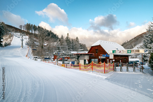 Bottom station of ski-lift chair at resort Snowland Valca in winter season.