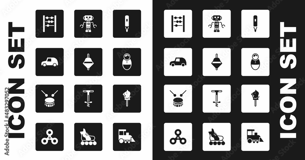 Set Marker pen, Whirligig toy, Toy car, Abacus, Tumbler doll, Robot, horse and Drum with drum sticks icon. Vector Set Marker pen, Whirligig toy, Toy car, Abacus, Tumbler doll, Robot, horse and Drum with drum sticks icon. Vector