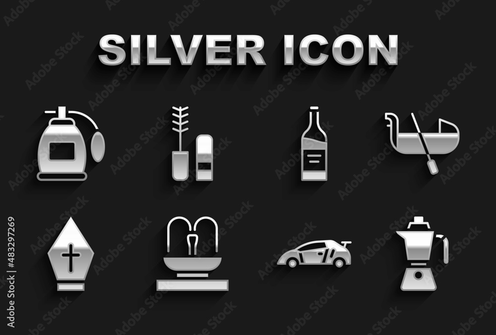 Set Fountain, Gondola, Coffee moca pot, Sport racing car, Pope hat, Bottle wine, Perfume and Mascara brush icon. Vector Set Fountain, Gondola, Coffee moca pot, Sport racing car, Pope hat, Bottle wine, Perfume and Mascara brush icon. Vector