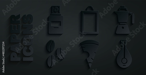 Set Slice of pizza, Coffee moca pot, beans, Mandolin, Picture and Perfume icon. Vector