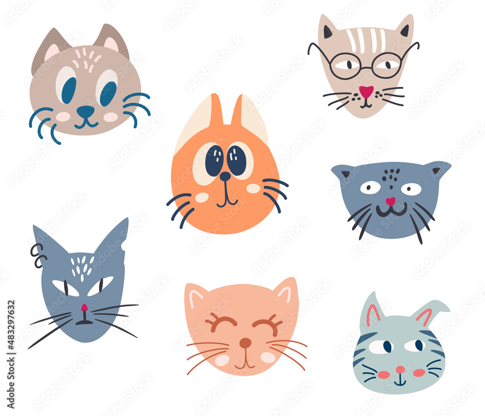 Cats face set. Cartoon cat or kitty characters design collection. Adorable Funny pet animals. Perfect for kids design, fabric, packaging, wallpaper, textiles, clothing. Vector illustration