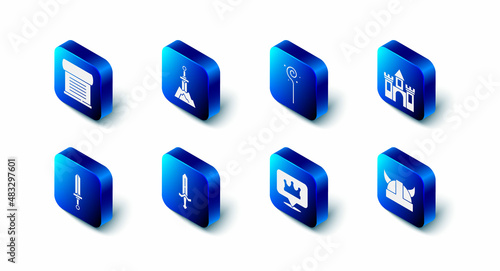 Set Sword in the stone, Magic staff, Castle, fortress, Viking horned helmet, Location crown, Medieval sword, and Decree, parchment, scroll icon. Vector