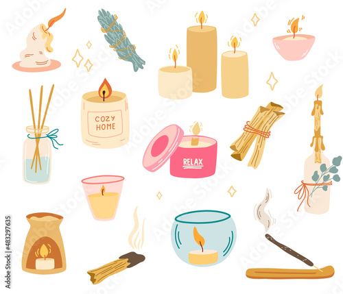 Candles and incense collection. Aromatherapy accessories. Essential oil, aroma diffuser, burning candles, burning incense sticks, palo santo, sage. Rest relaxation and home comfort. Vector