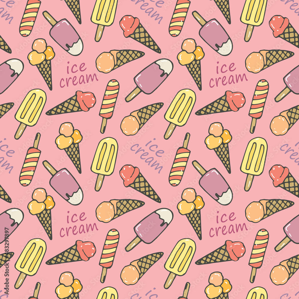 Vector doodle ice cream seamless pattern. Hand-drawn cartoon ice cream. Vector doodle ice cream seamless pattern. Hand-drawn cartoon ice cream.