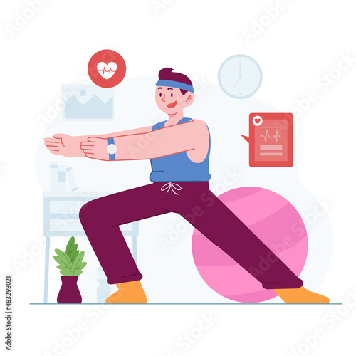 Workout concept vector Illustration idea for landing page template, Male exercise to streching workout for body wellness. Healthy Sport activities for good shape. Hand drawn Flat Style