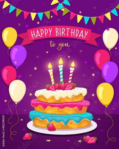 Happy birthday card. A cake with light cakes, multi-colored cream and three candles is on the table. Balls, garlands and confetti. Vector illustration.