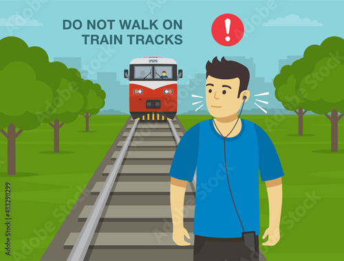 Railroad safety rules and tips. Do not walk on train tracks and cross at designated crossing only. Male character listening to loud music and walking on the railway. Flat vector illustration template.