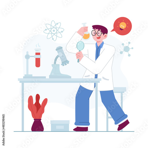 Science concept vector Illustration idea for landing page template, scientist in laboratory experiment research, biology, chemistry, physics knowledge scientific innovation. Hand drawn Flat Style