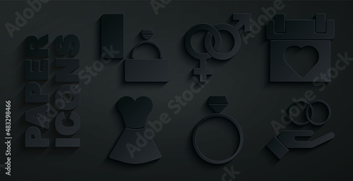 Set Diamond engagement ring, Calendar, Woman dress, Wedding rings, Gender and icon. Vector