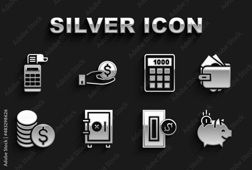 Set Safe, Wallet with money, Piggy bank coin, Inserting, Coin dollar, Calculator, Cash register machine and Hand giving icon. Vector Set Safe, Wallet with money, Piggy bank coin, Inserting, Coin dollar, Calculator, Cash register machine and Hand giving icon. Vector