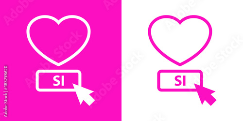 Logotipo con texto Sí en español con silueta de corazón con puntero del cursor del mouse en botón para suscribirse y seguir con líneas