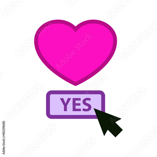 Logotipo con texto Yes con silueta de corazón con puntero del cursor del mouse en botón para suscribirse y seguir con líneas