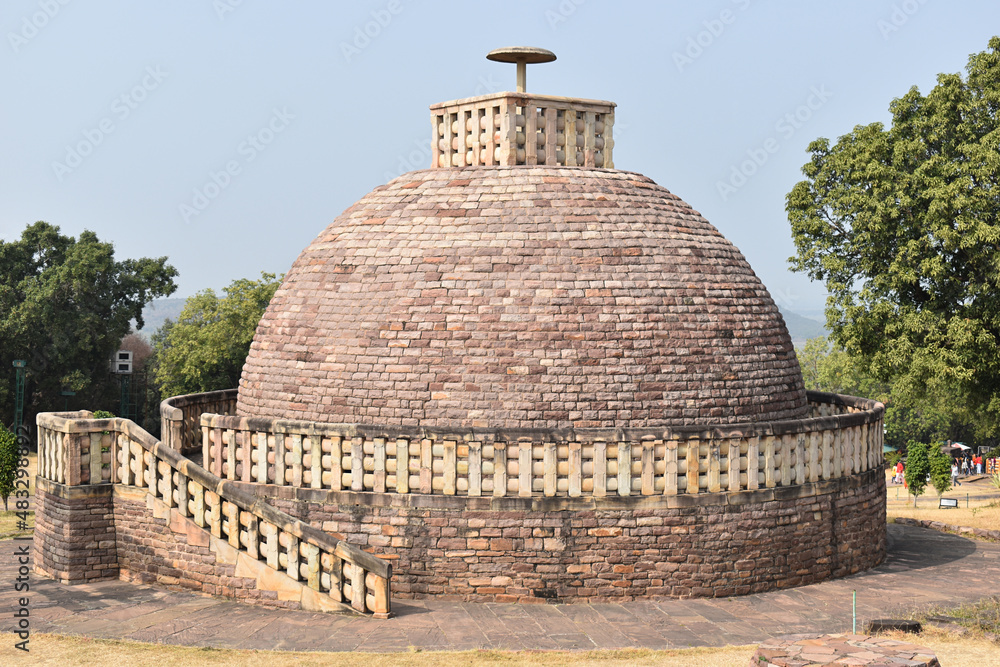 General view of  Stupa No 3, crowned by a single umbrella.  World Heritage Site, Sanchi, Madhya Pradesh, India.