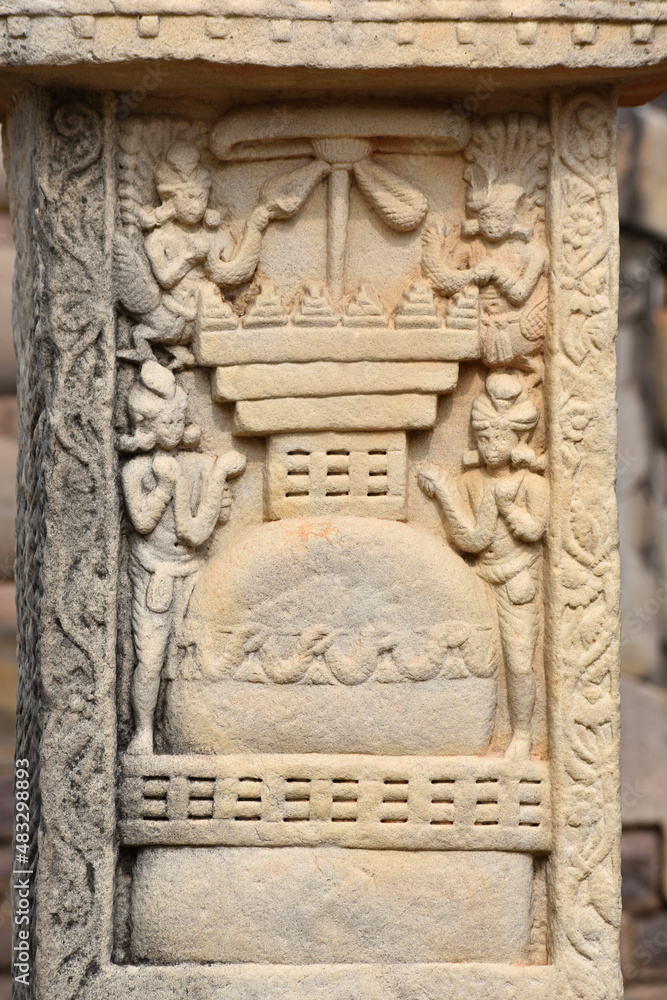 Stupa No 3, Front Face, Left Pillar Panel 1: Garlanding the Stupa. World Heritage Site, Sanchi, Madhya Pradesh, India.
