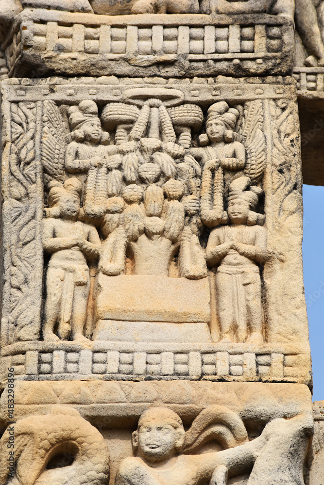 Stupa No 3, Front Face, Right pillar Architrave: Worshipping the Bodhi Tree sculpture. World Heritage Site, Sanchi, Madhya Pradesh, India.