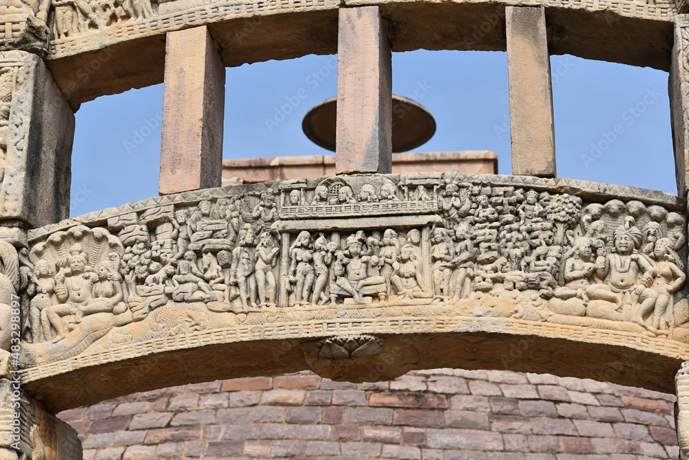 Stupa No 3, Bottom Architrave, Nandanavana with Indra details. World Heritage Site, Sanchi, Madhya Pradesh, India.