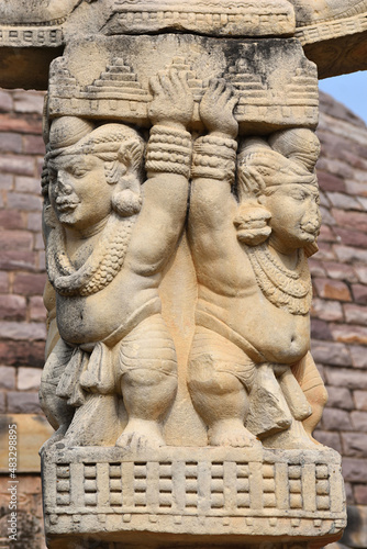 Stupa No 3, Dwarfs uphold the Pillars. World Heritage Site, Sanchi, Madhya Pradesh, India.