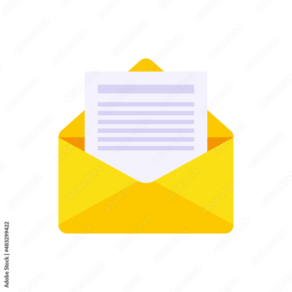 Open yellow paper envelope with letter document inside vector flat unpacking correspondence Open yellow paper envelope with letter document inside vector flat unpacking correspondence