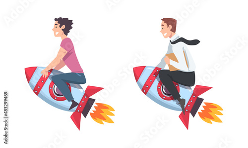 Man Flying on Space Rocket Moving Upward Vector Set