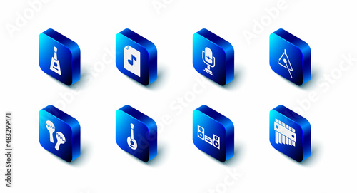 Set Music book with note, Microphone, Triangle, Pan flute, Home stereo, Banjo, Maracas and Balalaika icon. Vector