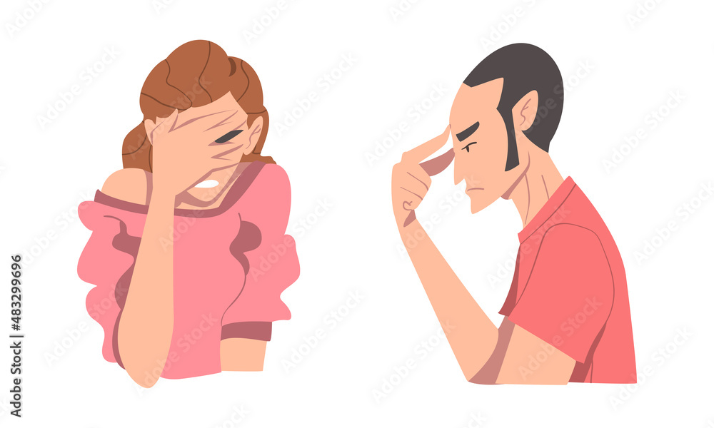 Disappointed Young Man and Woman Trying to Remember Something Feeling Frustration About Forgetting Things Vector Set Disappointed Young Man and Woman Trying to Remember Something Feeling Frustration About Forgetting Things Vector Set