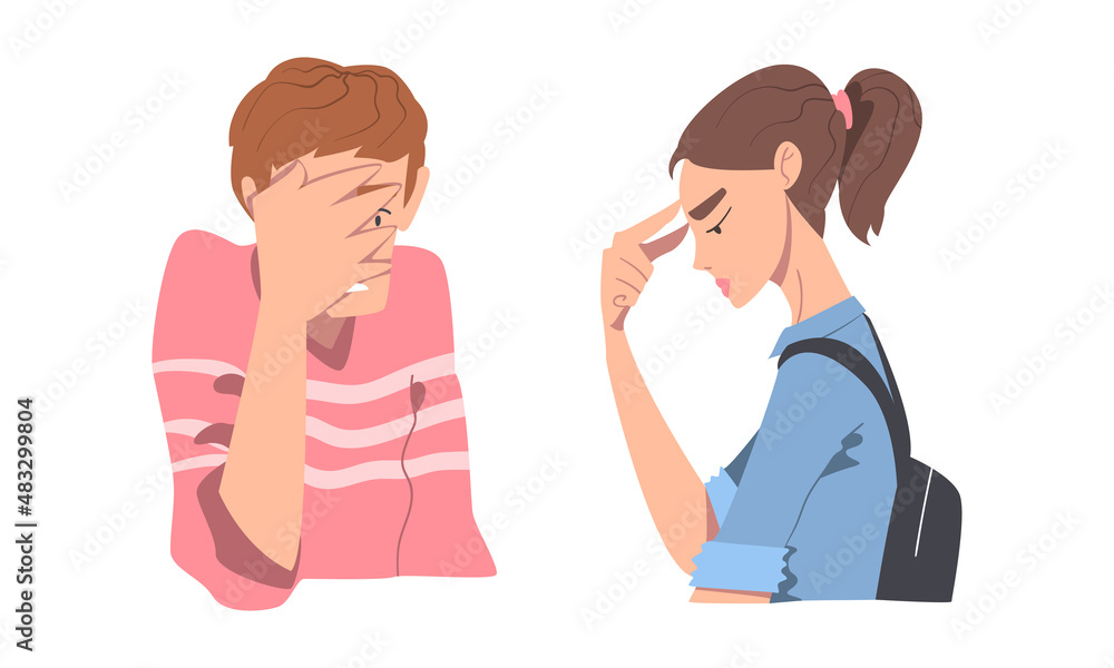 Disappointed Young Man and Woman Trying to Remember Something Feeling Frustration About Forgetting Things Vector Set Disappointed Young Man and Woman Trying to Remember Something Feeling Frustration About Forgetting Things Vector Set