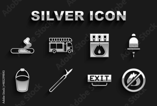 Set Metal pike pole, Ringing alarm bell, No fire, Fire exit, bucket, Matchbox and matches, Cigarette and truck icon. Vector