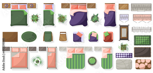 Furniture set top view for plan, bedroom, house, apartment, living room. Elements for Interior design. Bed, armchair, plant, carper, cupboard, bedside table. Kit of Furniture symbols for interior