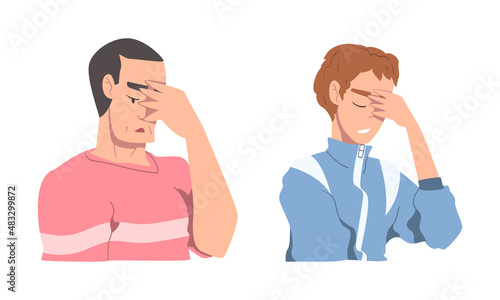 Disappointed Young Man and Woman Trying to Remember Something Feeling Frustration About Forgetting Things Vector Set