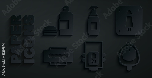 Set Gas boiler, Female toilet, Blade razor, Toilet urinal pissoir, Bottle of liquid soap and shampoo icon. Vector