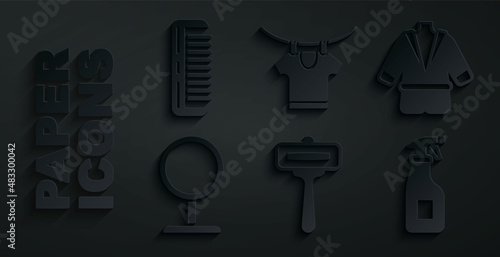 Set Shaving razor, Bathrobe, Round makeup mirror, Cleaning spray bottle, Drying clothes and Hairbrush icon. Vector