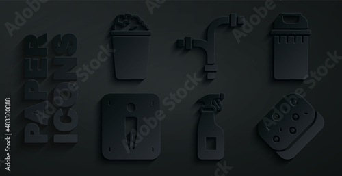 Set Cleaning spray bottle, Trash can, Male toilet, Sponge, Industry metallic pipe and Bucket with soap suds icon. Vector