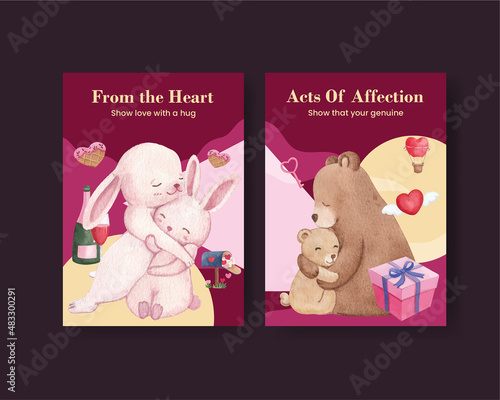 Greeting card template with big love hug valentines day concept,watercolor style