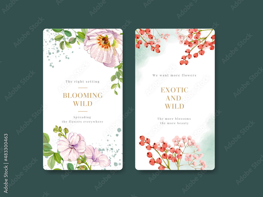 Instagram template with wild flowers concept,watercolor style