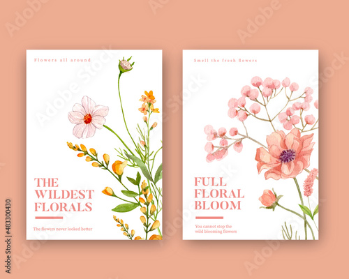 Greeting card template with wild flowers concept,watercolor style