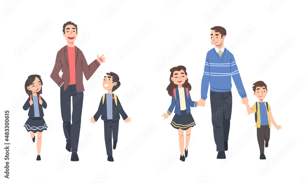 Father Walking Their Kids to School Holding Hands Vector Set