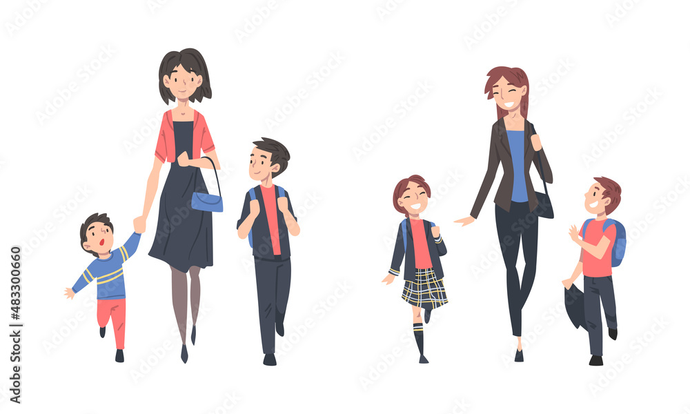 Mother Walking Their Kids to School Holding Hands Vector Set Mother Walking Their Kids to School Holding Hands Vector Set