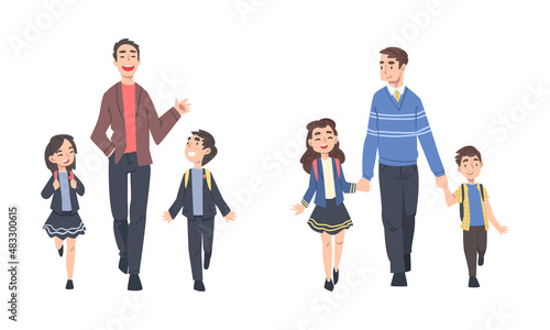 Father Walking Their Kids to School Holding Hands Vector Set