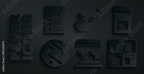 Set Automatic irrigation sprinklers, Jar with additives, DNA symbol, Periodic table, Genetically modified apple and Clinical record icon. Vector