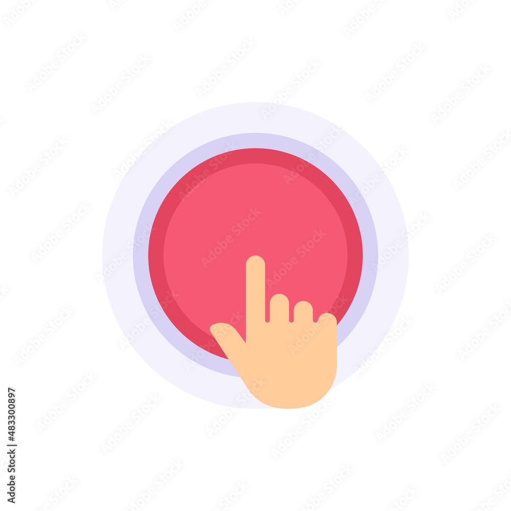 Human hand press on huge circle red button vector flat illustration. Person finger turn off and on Human hand press on huge circle red button vector flat illustration. Person finger turn off and on