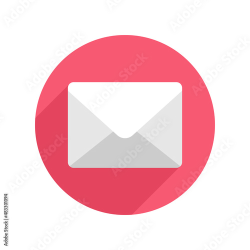 White paper envelope in red circle badge vector flat illustration. Symbol cyberspace new letter