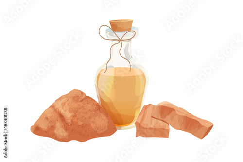 Sandal oil in bottle with wooden cork and rope, powdered Sandalwood in cartoon style isolated on white background. Ayurveda therapy ingredient 
