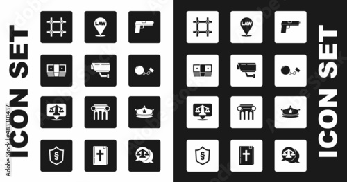 Set Pistol or gun, Security camera, Bribe money cash, Prison window, Ball chain, Location law, Police cap with cockade and Scales of justice icon. Vector