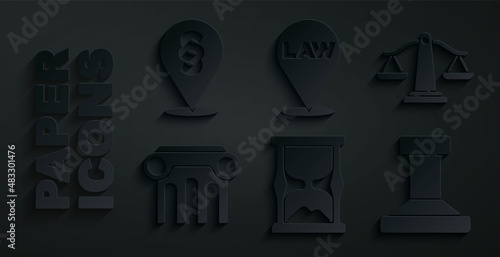 Set Old hourglass, Scales of justice, Law pillar, Stamp, Location law and icon. Vector