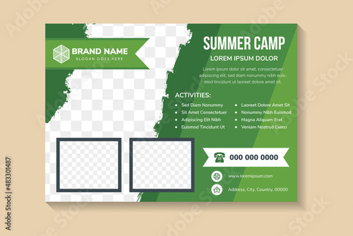 multicolored green flyer template design with example headline is summer camp. diagonal and rectangle space for photo collage. Advertising banner with horizontal layout.